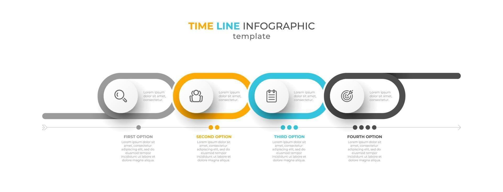 projeto infográfico de linha do tempo com 4 opções ou etapas. pode ser usado para layout de conceito de negócio, folheto, gráfico de informações, design de web. vetor