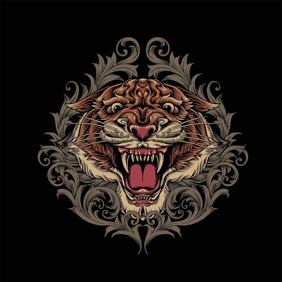 Cabeça de tigre zangado mascote com enfeites vetor