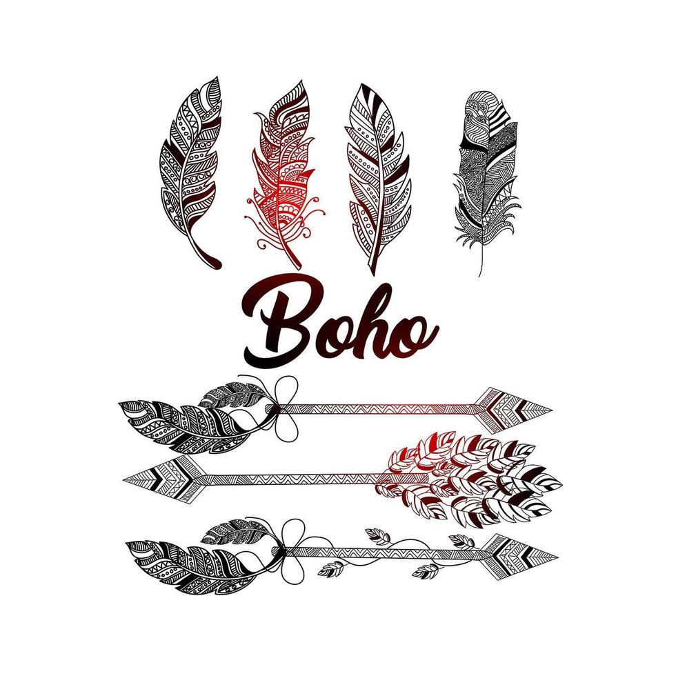 estilo boho desenhado à mão no fundo bonito do círculo decorativo com penas vetor