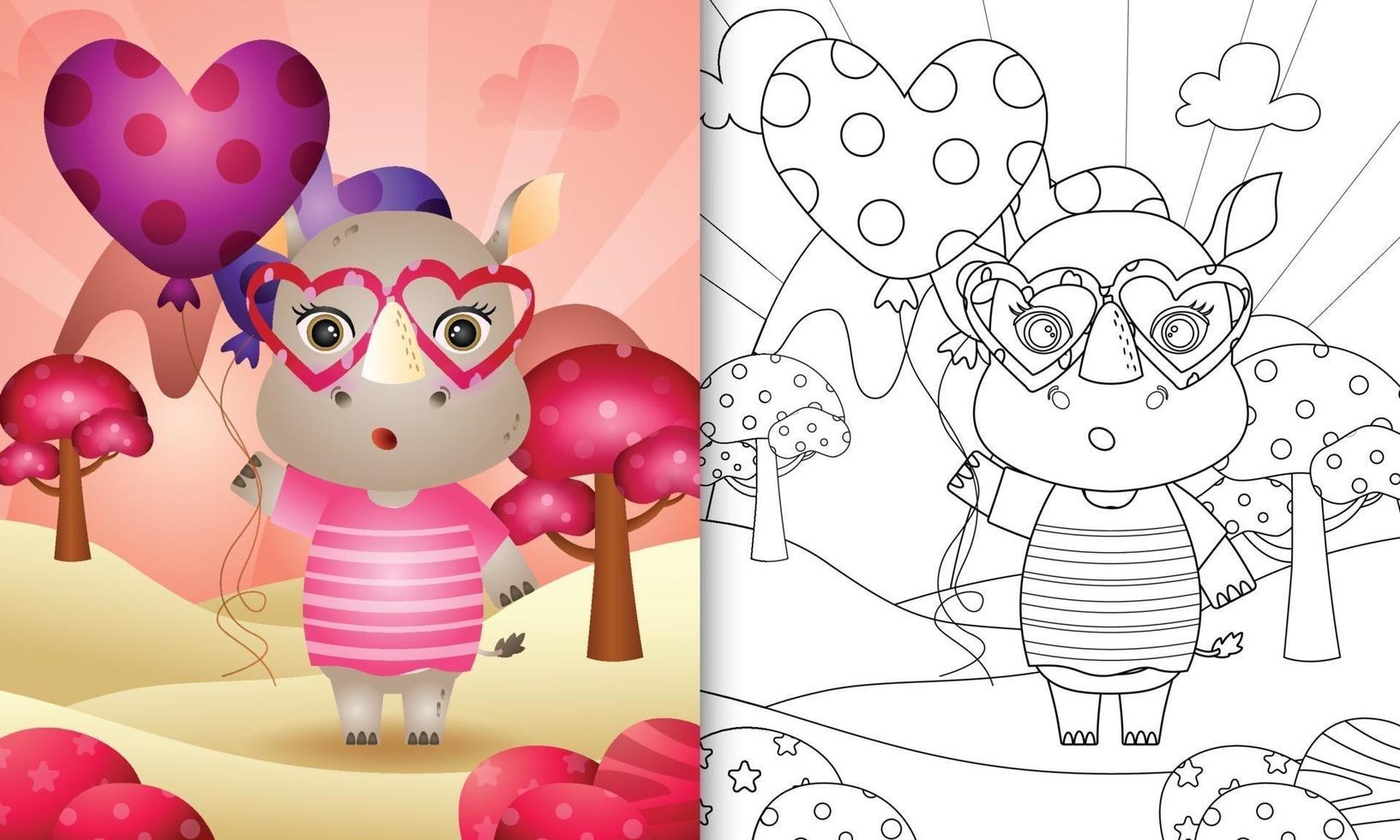 livro de colorir para crianças com um rinoceronte bonito segurando um balão para o dia dos namorados vetor