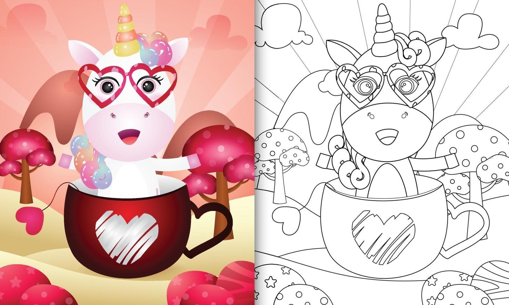 livro de colorir para crianças com um unicórnio fofo na xícara para o dia dos namorados vetor