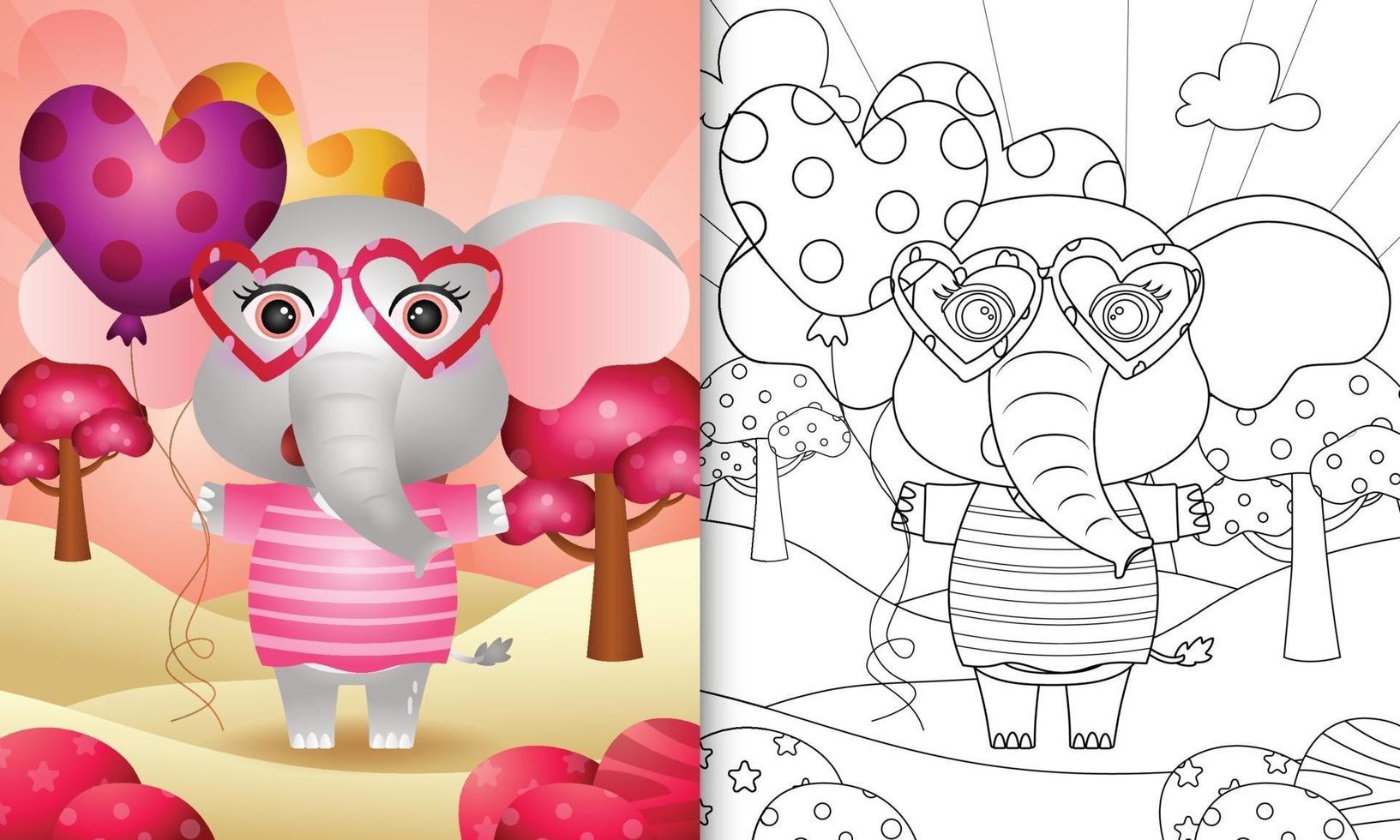 livro de colorir para crianças com um elefante fofo segurando um balão para o dia dos namorados vetor