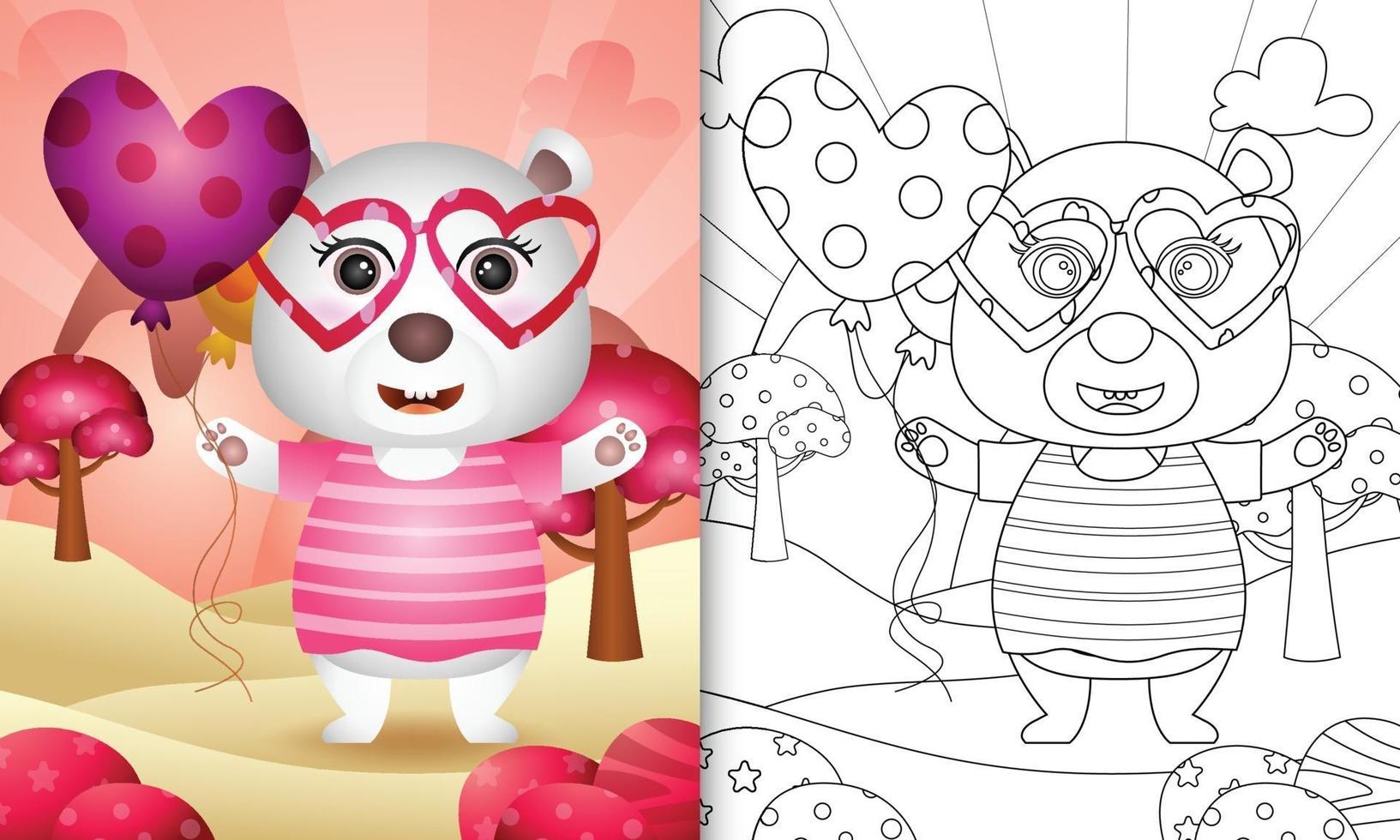 livro de colorir para crianças com um urso polar fofo segurando um balão para o dia dos namorados vetor