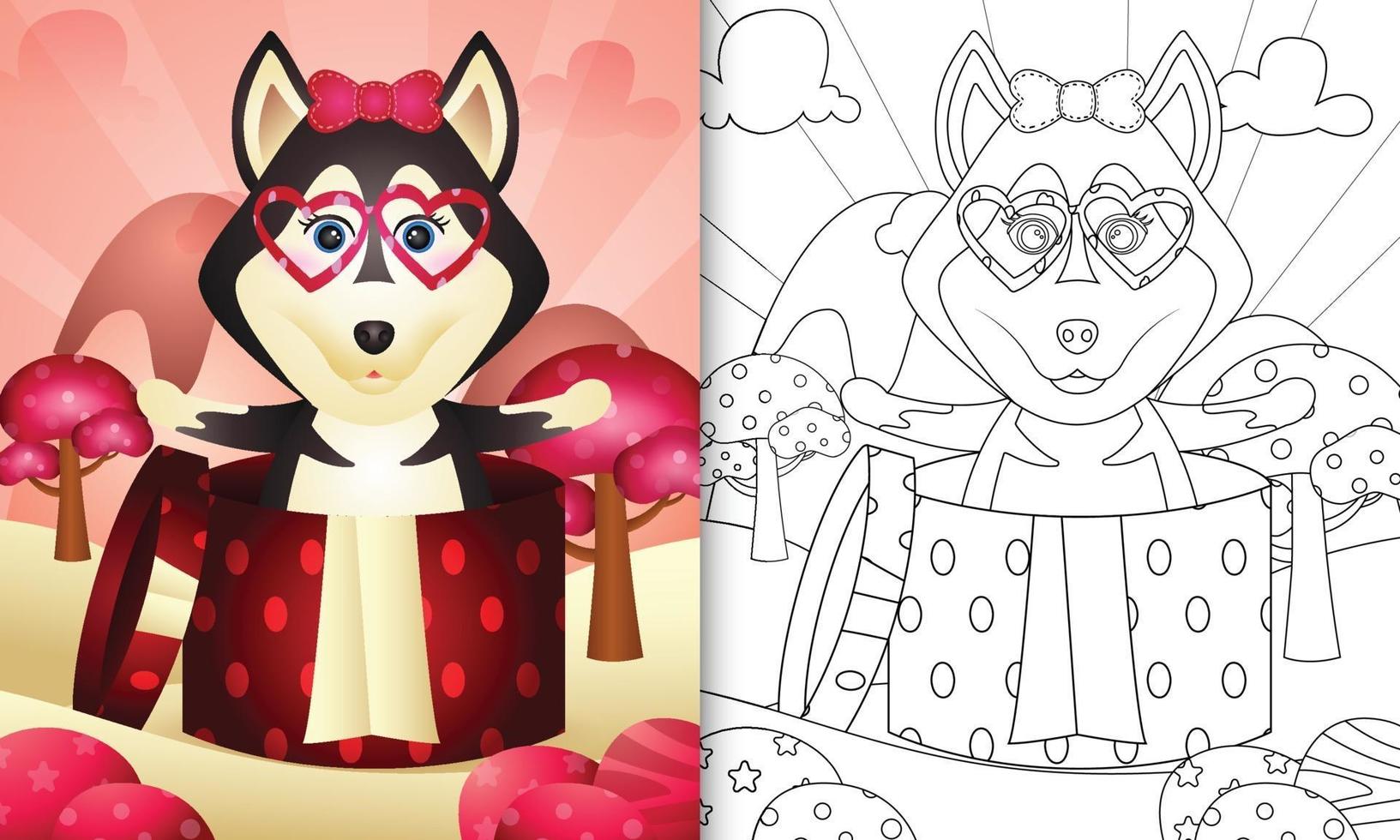 livro de colorir para crianças com um lindo cão husky na caixa de presente para o dia dos namorados vetor