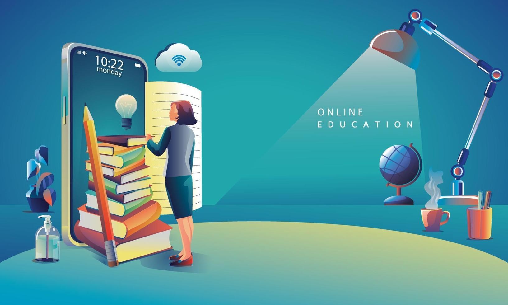 aprendizagem de aplicativos de educação online em todo o mundo no telefone, plano de fundo do site móvel conceito de distância social. o curso de treinamento em sala de aula, design plano de ilustração vetorial de biblioteca vetor