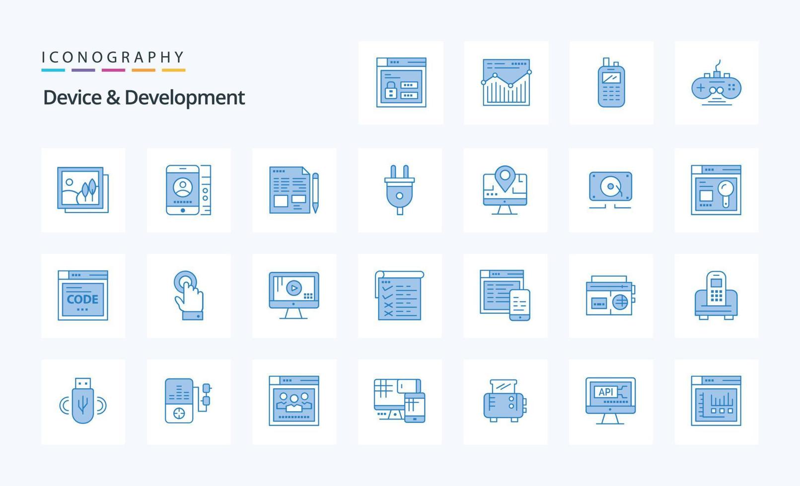 25 dispositivo e pacote de ícone azul de desenvolvimento vetor