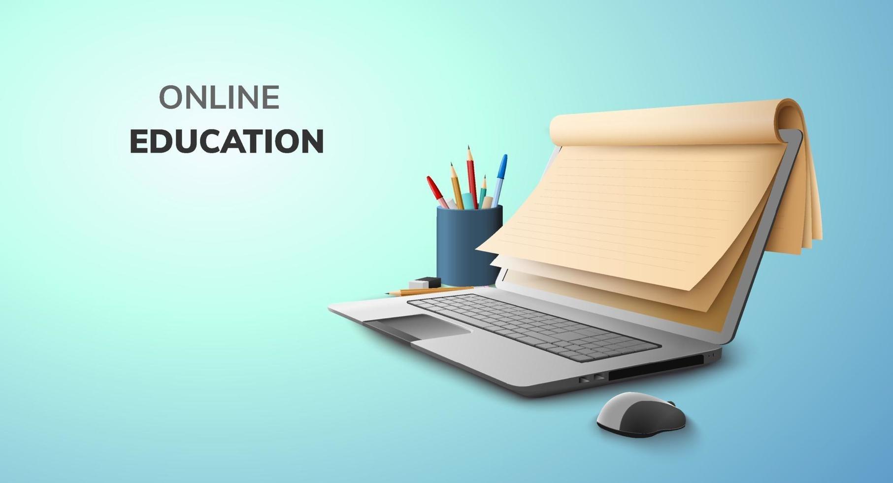 palestra digital espaço em branco de educação on-line, papel e chapéu de pós-graduação em plano de fundo do site do laptop. conceito de distância social vetor