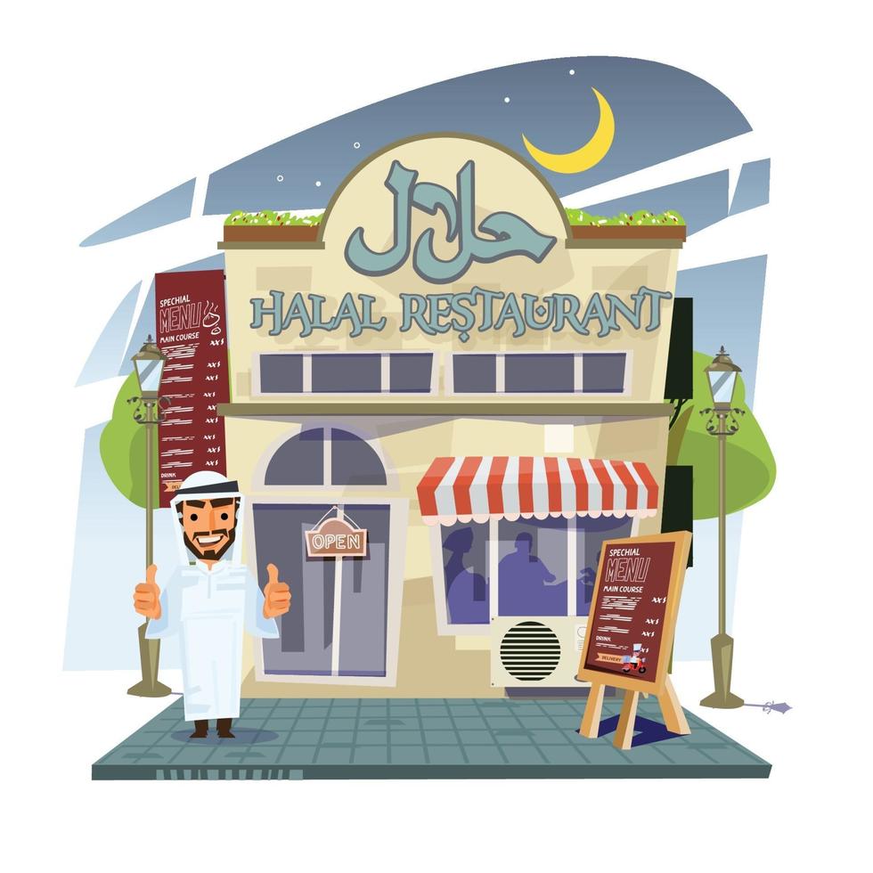 restaurante halal com homem muçulmano vetor