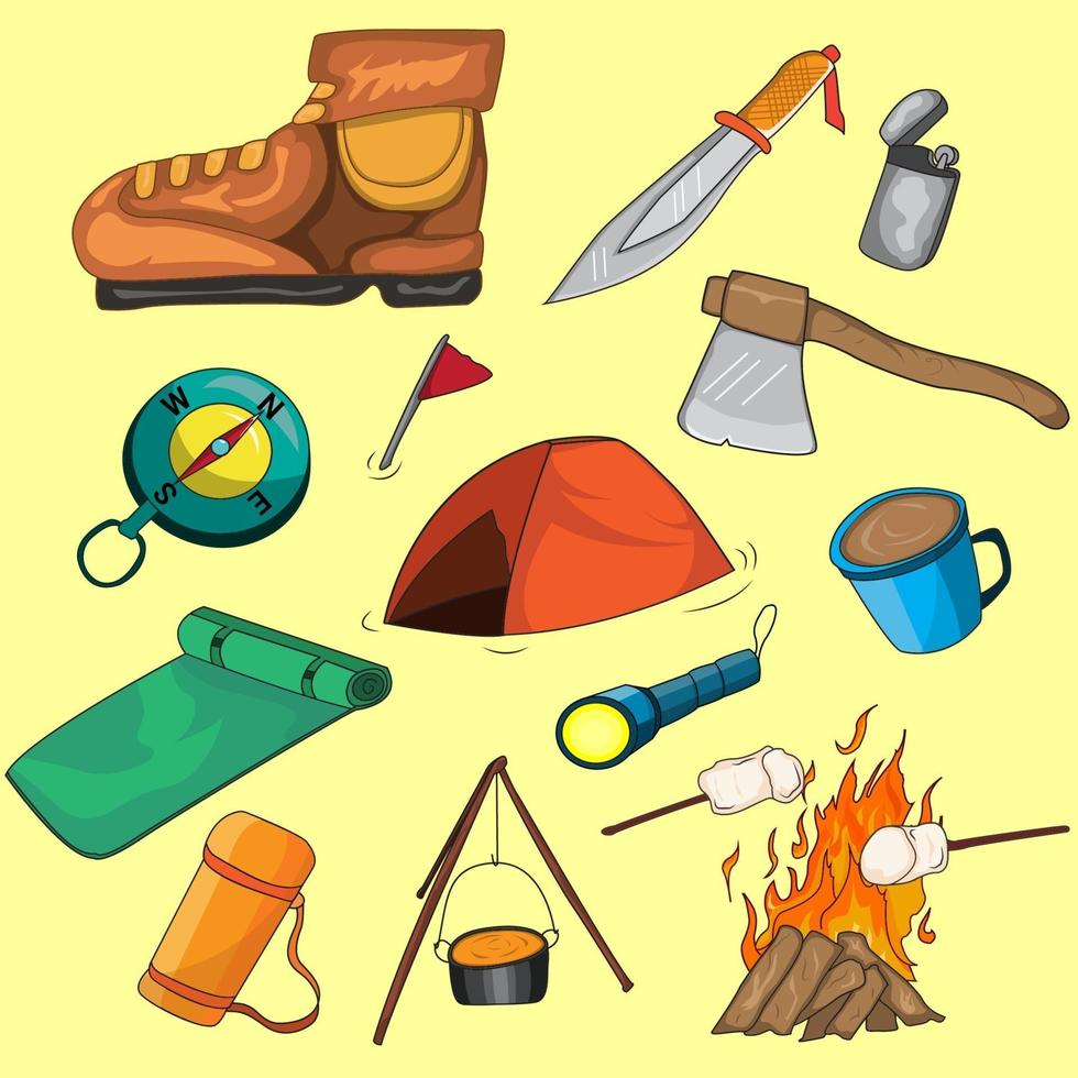 coleção de ilustrações sobre acampamento, composta por botas, tendas, facas, fogueiras, bússolas, machados, colchonetes, xícaras, frascos e outros vetor