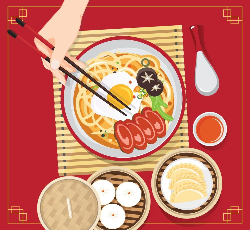 sopa de macarrão tradicional chinesa com macarrão, sopa de macarrão em tigela chinesa ilustração vetorial de comida asiática vetor