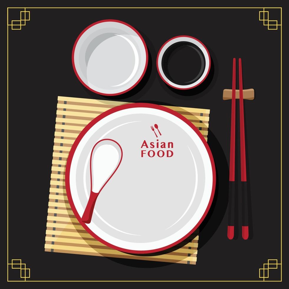conjunto de prato vazio, colher de jantar, comida asiática, ilustração vetorial vetor