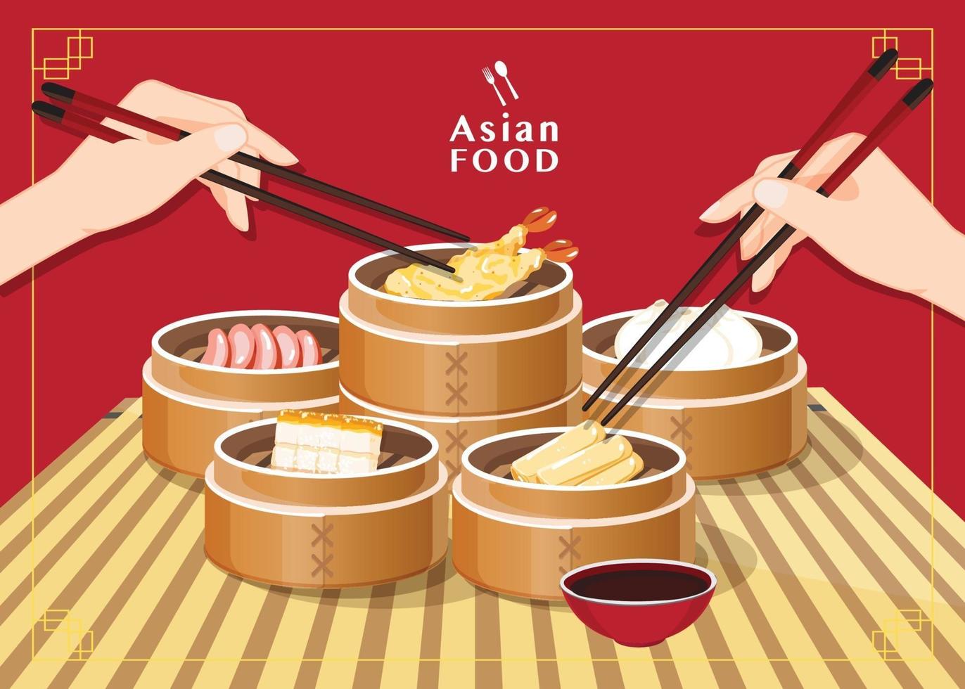 Dim sum ilustração vetorial de comida chinesa, comida asiática dim sum no vaporizador vetor
