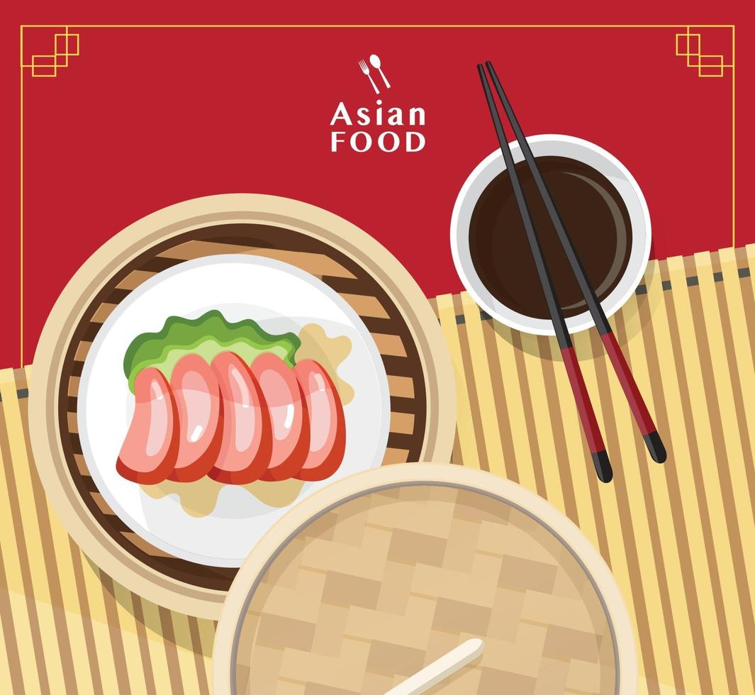 Dim sum ilustração vetorial de comida chinesa, comida asiática dim sum no vaporizador vetor