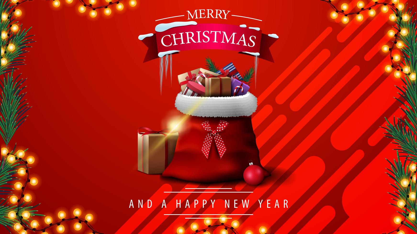 Feliz Natal e Feliz Ano Novo, cartão vermelho com moldura de guirlanda e carro vintage vermelho com árvore de Natal vetor