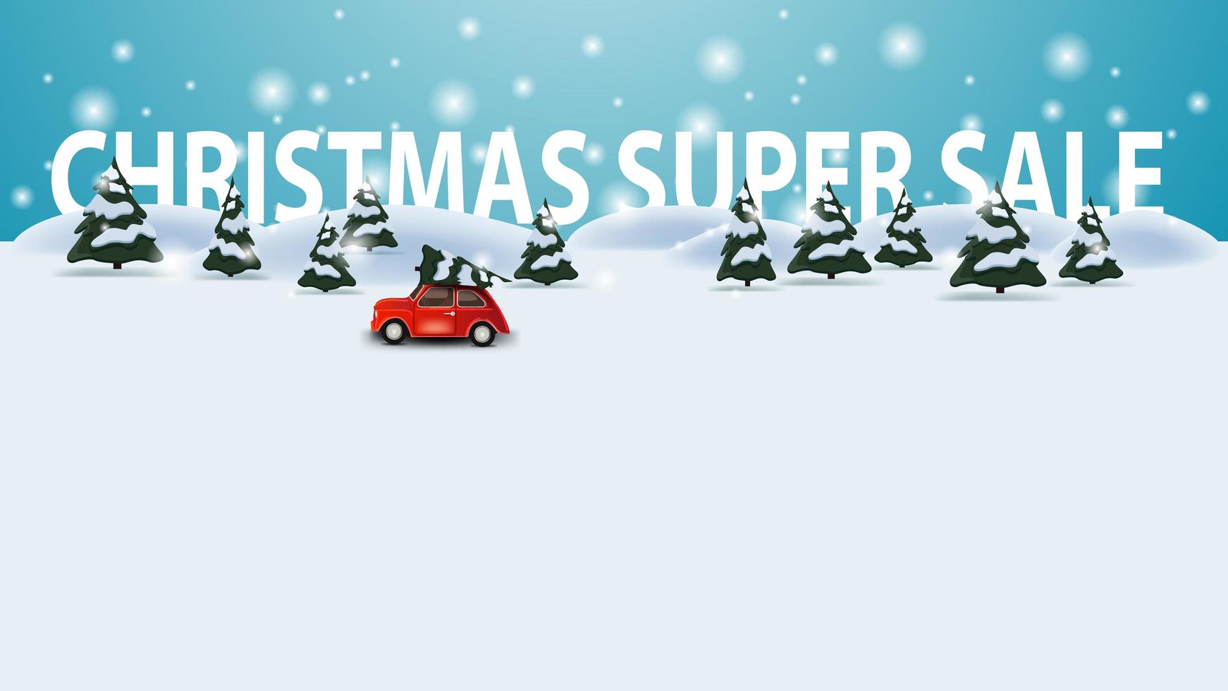 super venda de natal, modelo de desconto com desenho animado paisagem de inverno com carro vintage vermelho carregando árvore de natal vetor