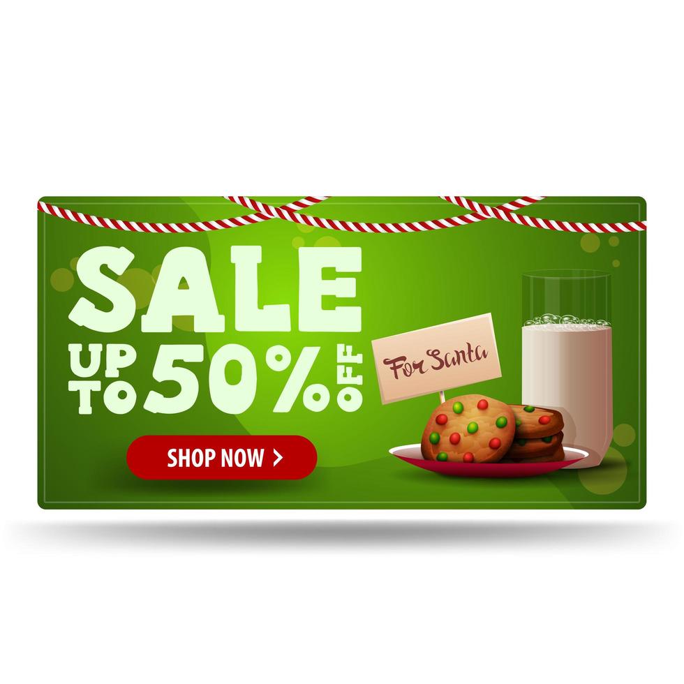 promoção de natal, desconto de até 50, banner de desconto verde com biscoitos com um copo de leite para o papai noel vetor