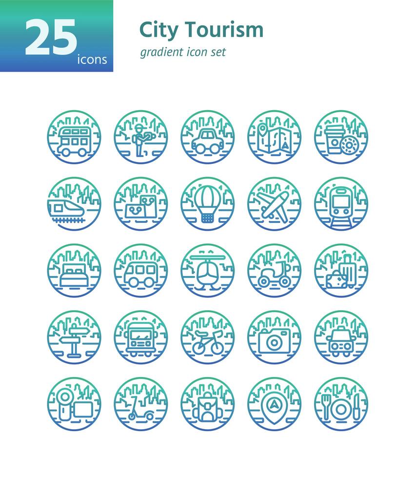 conjunto de ícones gradiente de turismo da cidade. vetor e ilustração.