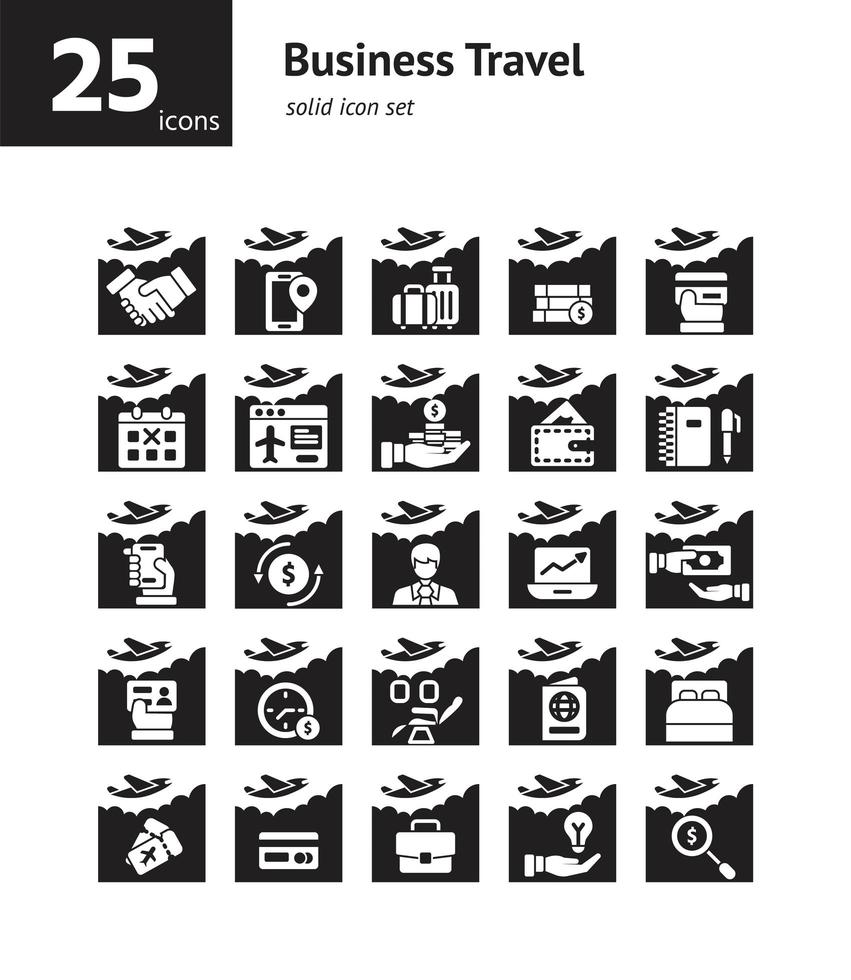 conjunto de ícones sólidos de viagens de negócios. vetor e ilustração.