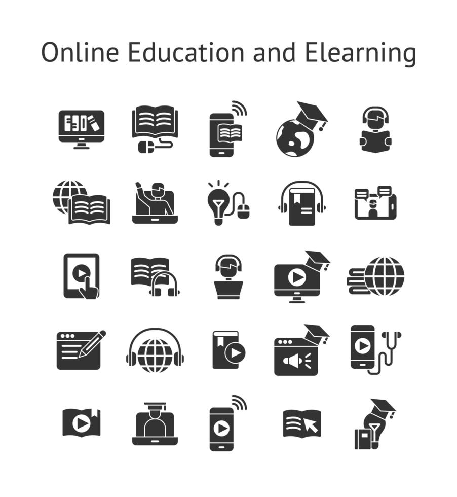 educação on-line e conjunto de ícones sólidos de elearning. vetor