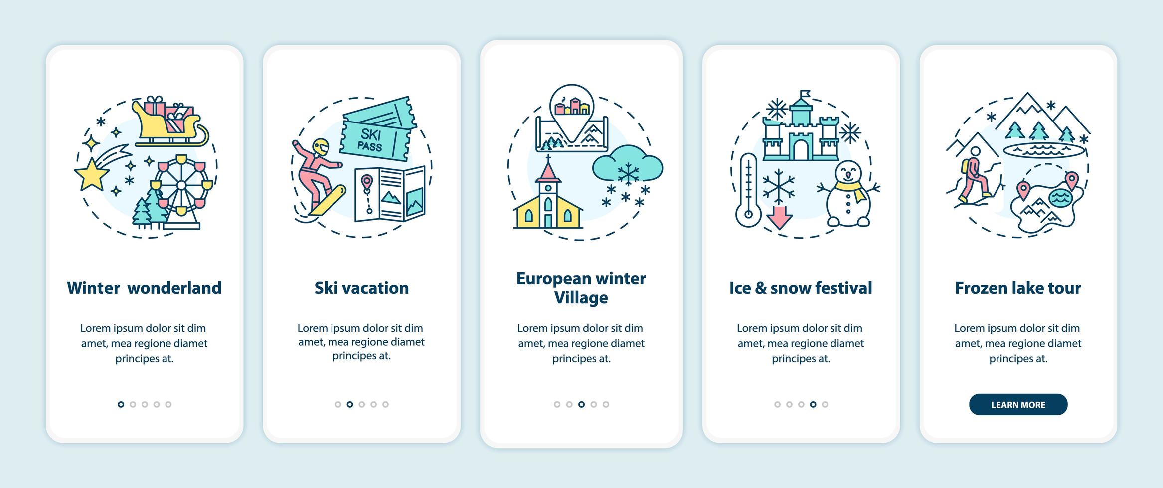 férias de inverno coloca tela da página de integração do aplicativo móvel com conceitos vetor