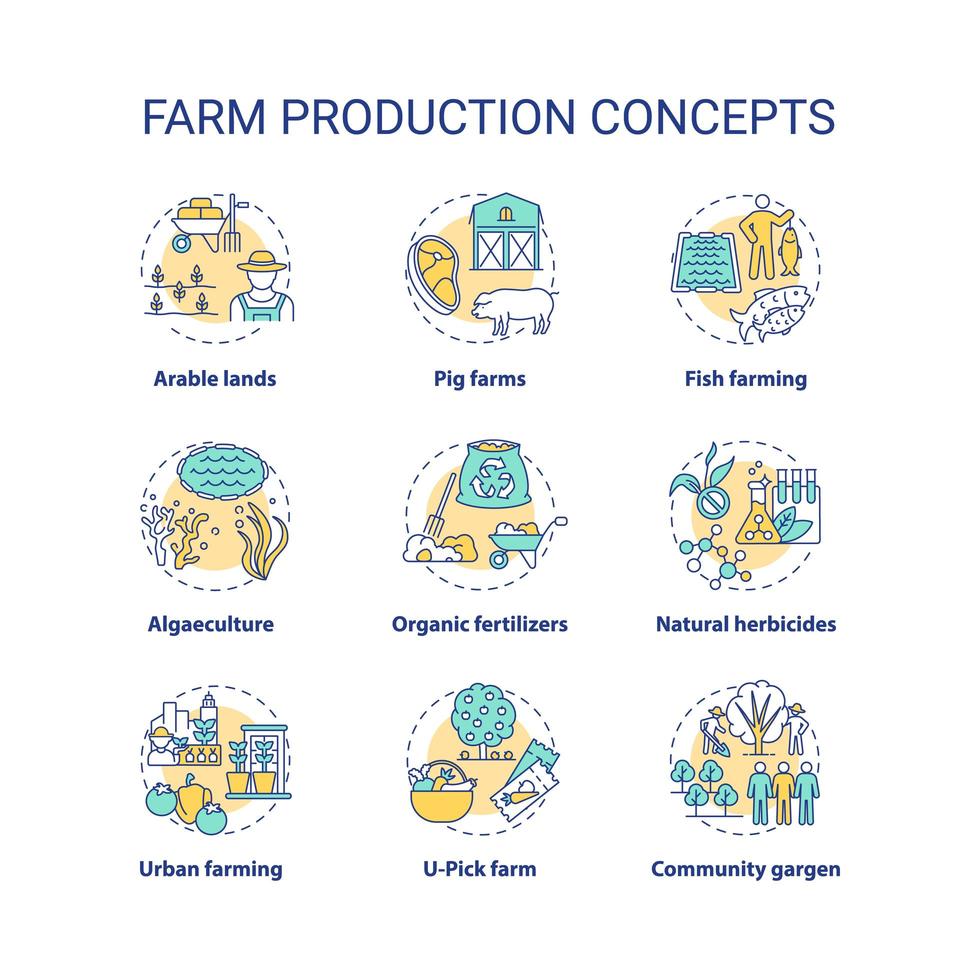 Conjunto de ícones de conceito de produção agrícola vetor