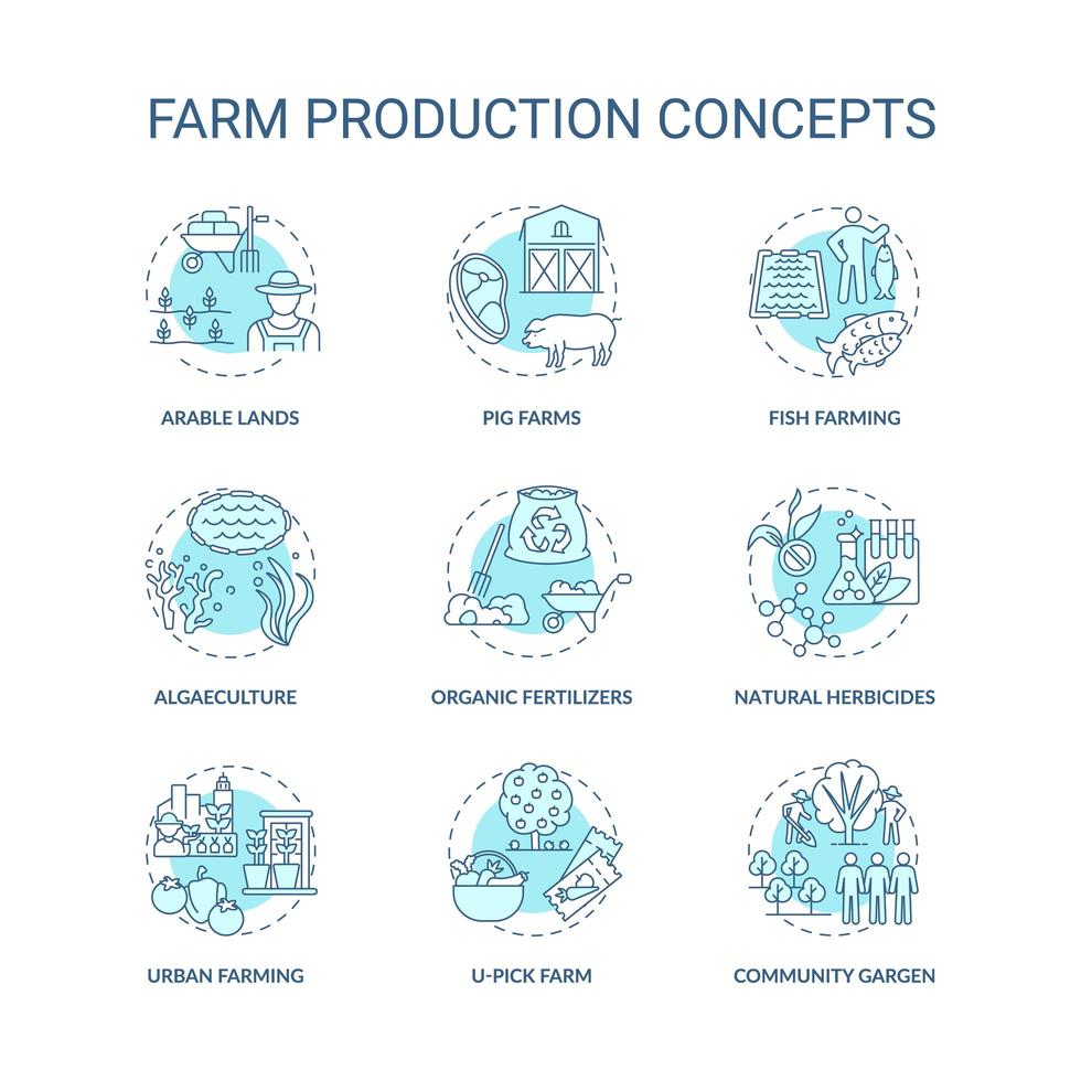 Conjunto de ícones de conceito de produção agrícola vetor