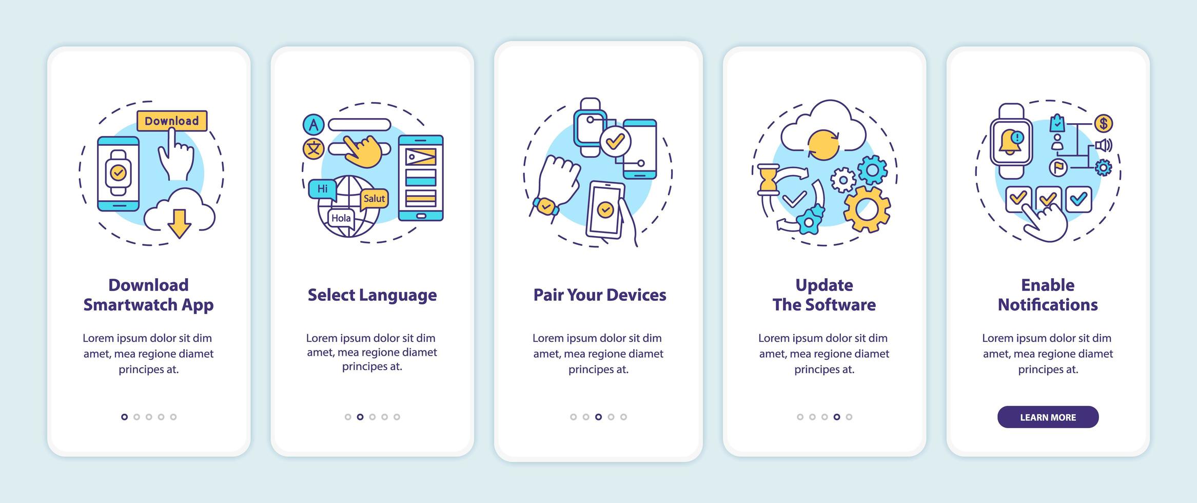 dicas de configuração de relógio inteligente integrando a tela da página do aplicativo móvel com conceitos vetor