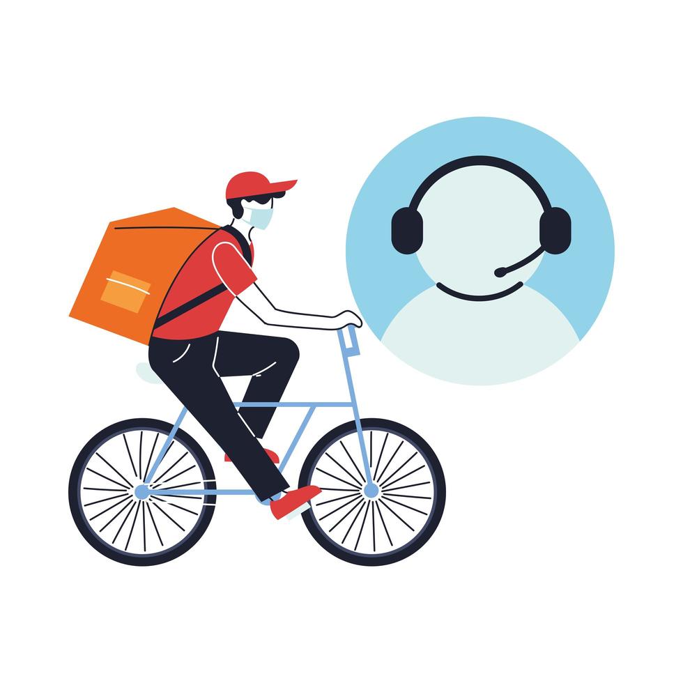 agente de atendimento ao cliente com mensageiro na máscara fazendo uma entrega em uma bicicleta vetor