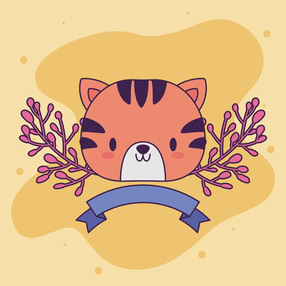 tigre bebê kawaii fofo com plantas vetor