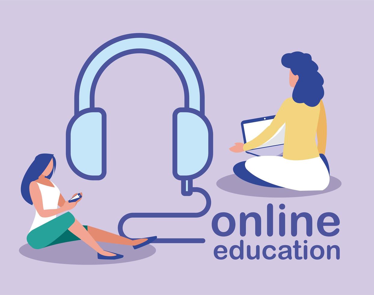 mulheres com fones de ouvido e gadgets, educação online vetor