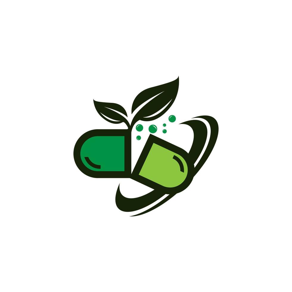 cápsulas e design vetorial de folhas de ervas. logotipo de farmácia de medicina. símbolo de saúde médica. logotipo de cuidados de saúde à base de ervas vetor