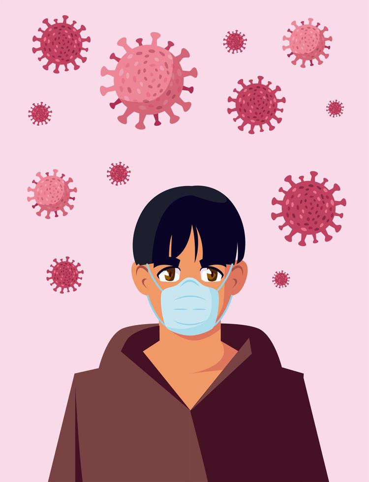 homem com máscara médica e covid 19 desenho vetorial de vírus vetor