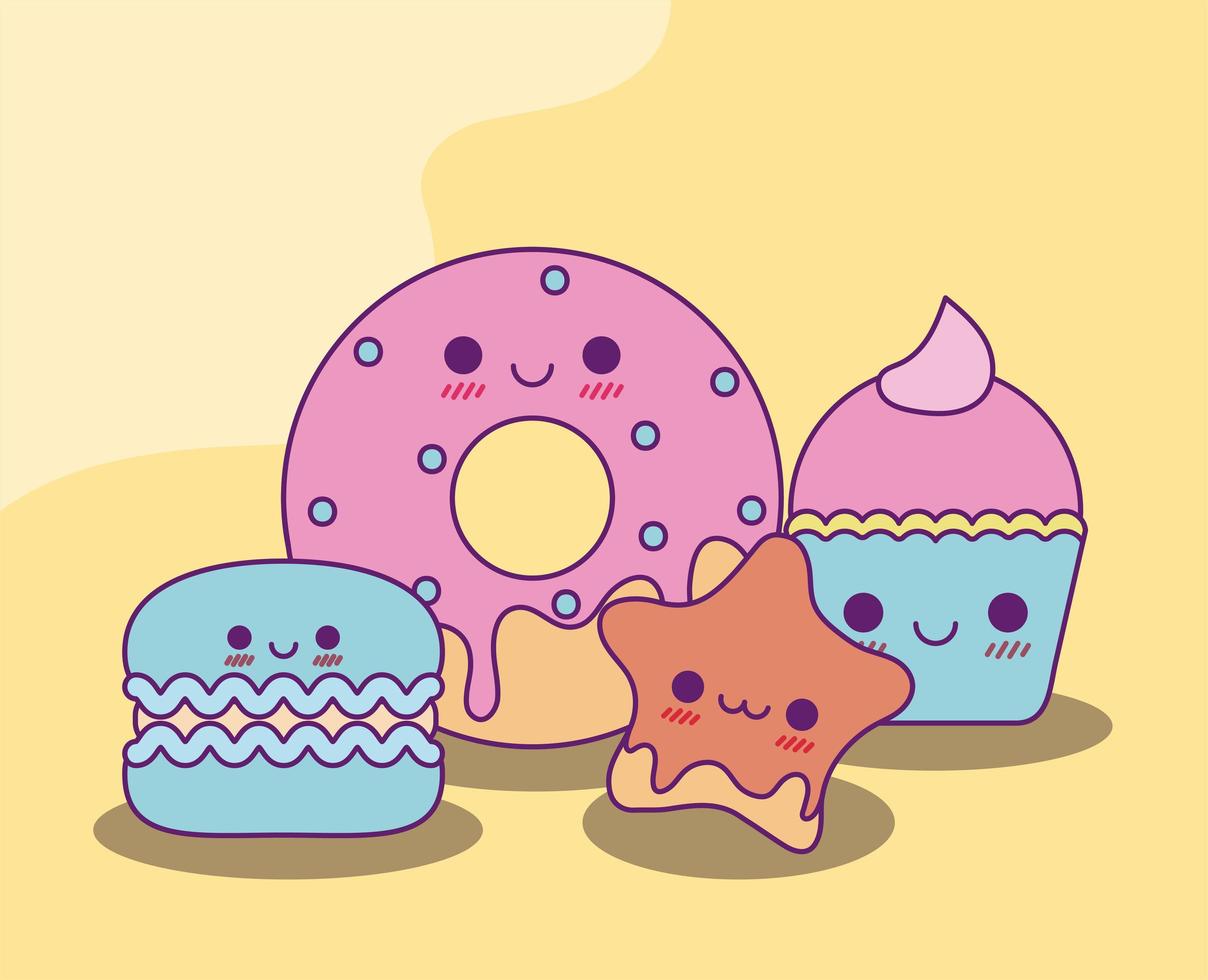 estrela de biscoitos kawaii donut e desenho vetorial de cupcake vetor