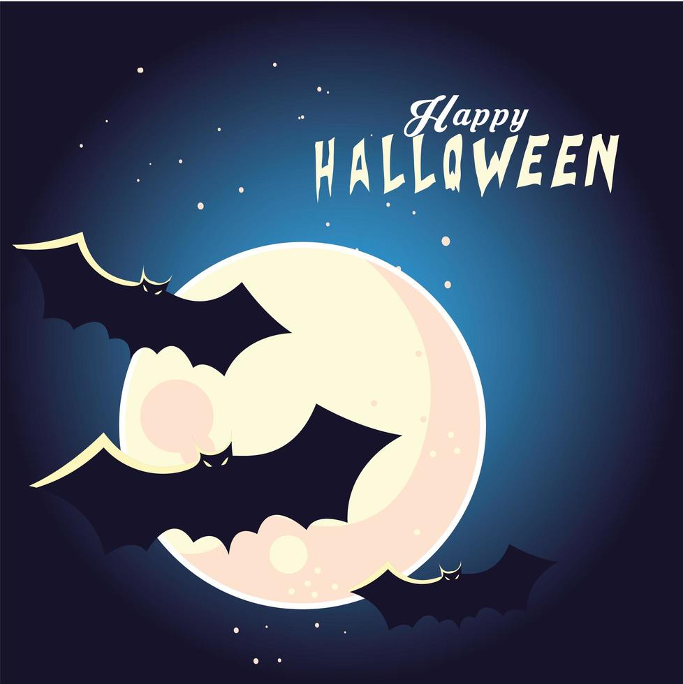 desenhos animados de morcegos de halloween na frente de desenho vetorial de lua vetor