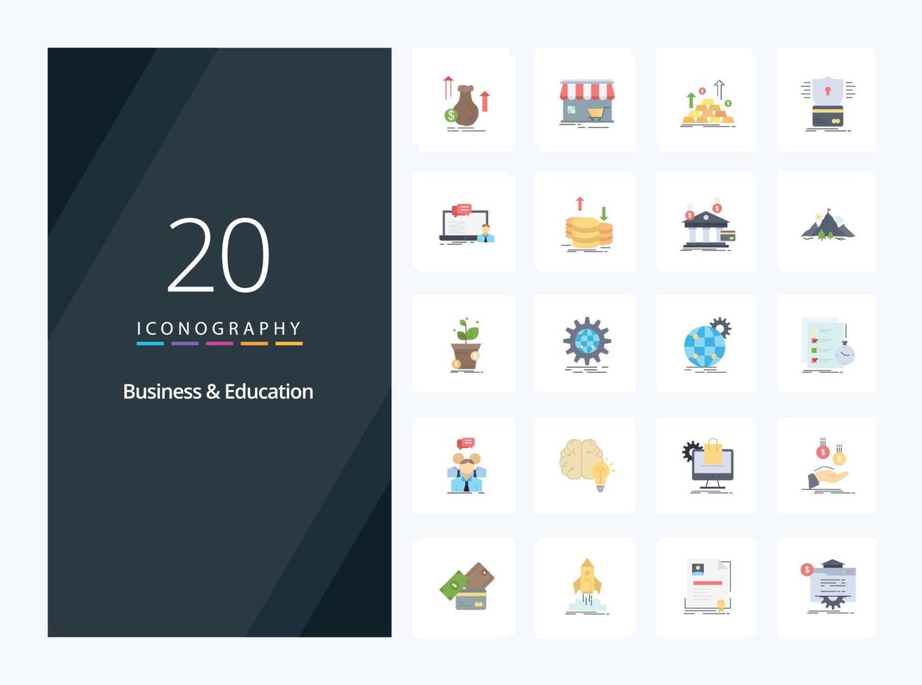 20 ícones de cores planas de negócios e educação para apresentação vetor