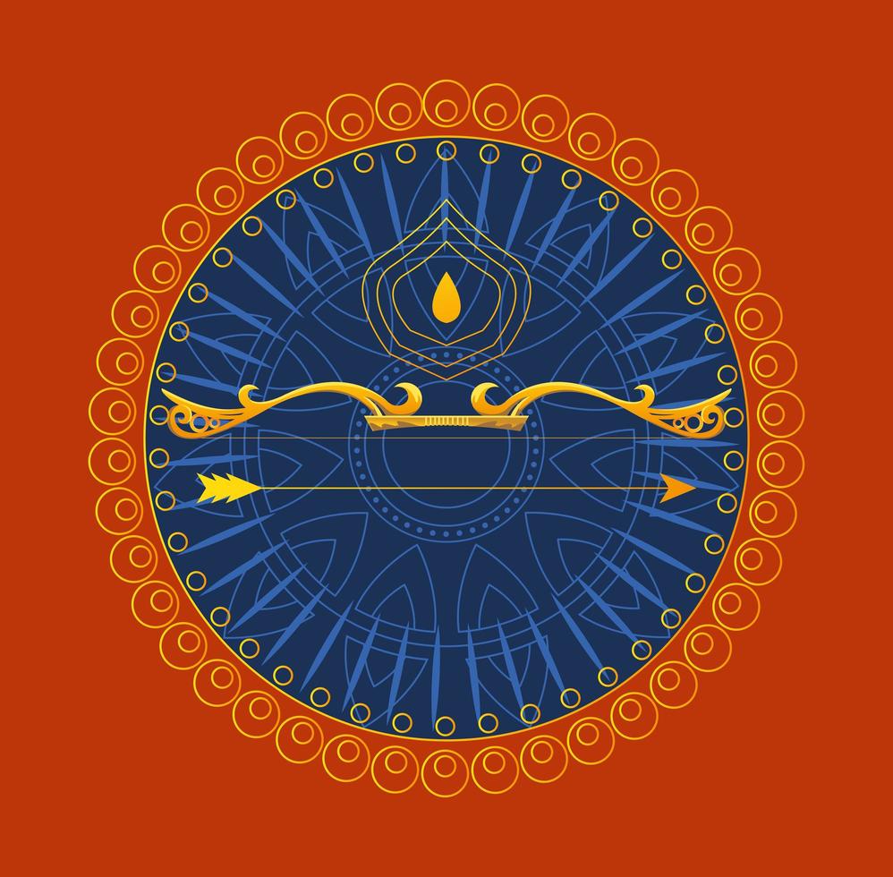 arco de ouro com flecha na frente do ornamento de mandala azul do desenho vetorial feliz dussehra vetor