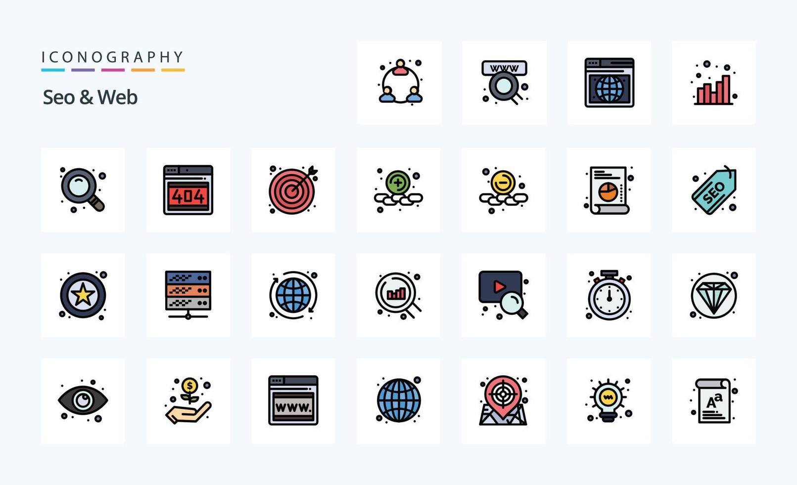 pacote de ícones de estilo cheio de linha da web 25 seo vetor