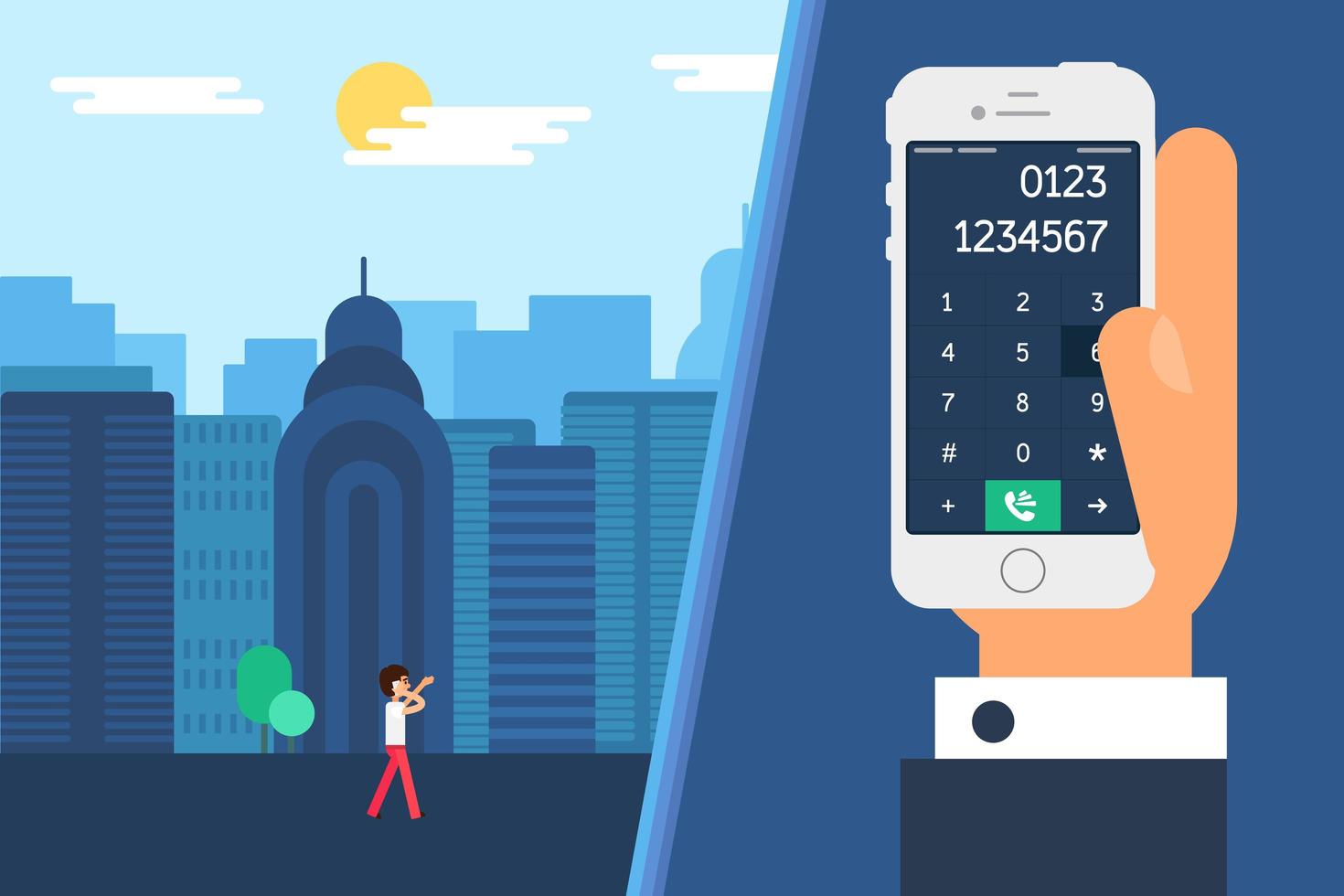 smartphone com discagem manual e pessoa andando pela cidade no telefone vetor