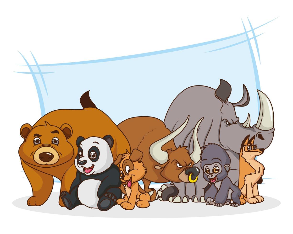 grupo de personagens de quadrinhos de sete animais vetor