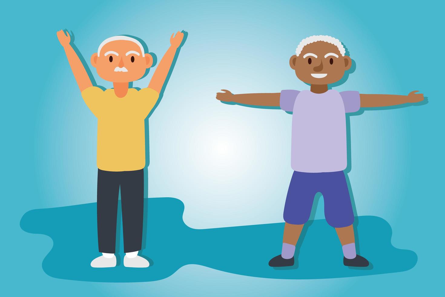 casal de velhos inter-raciais fazendo exercícios, personagens idosos ativos vetor