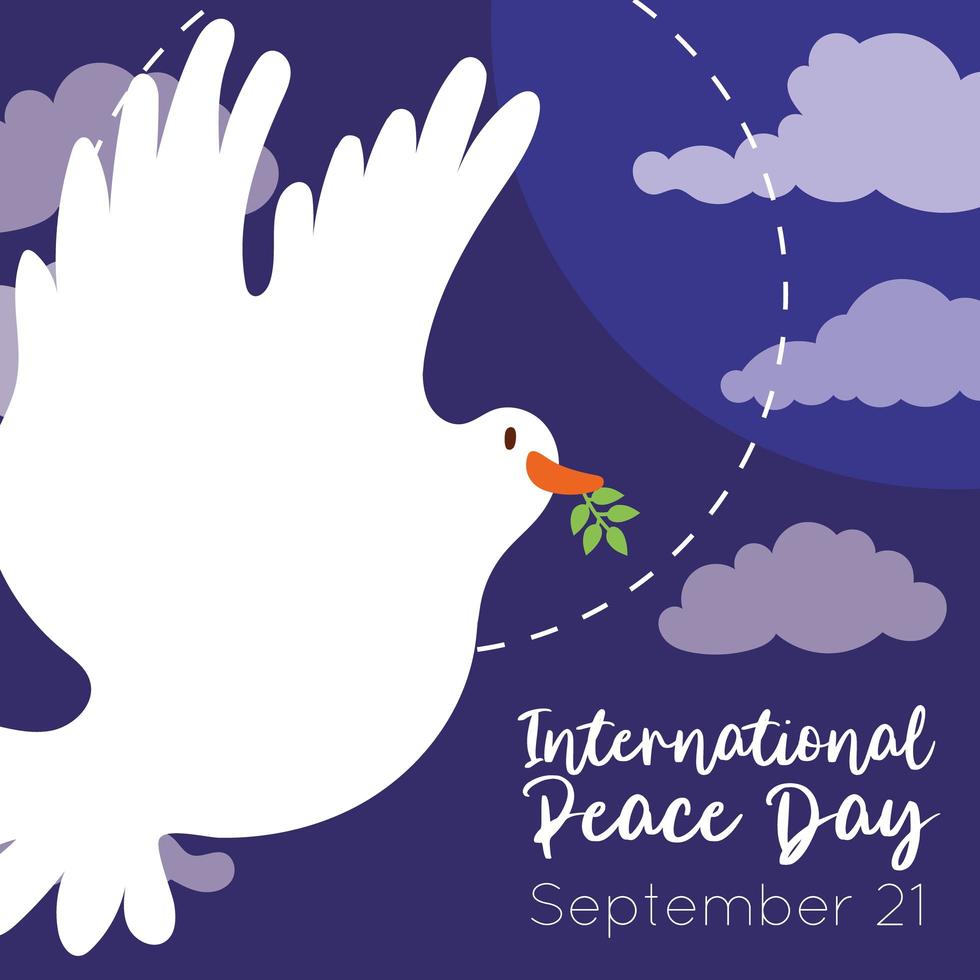 Dia internacional da paz letras com pomba voando no céu vetor