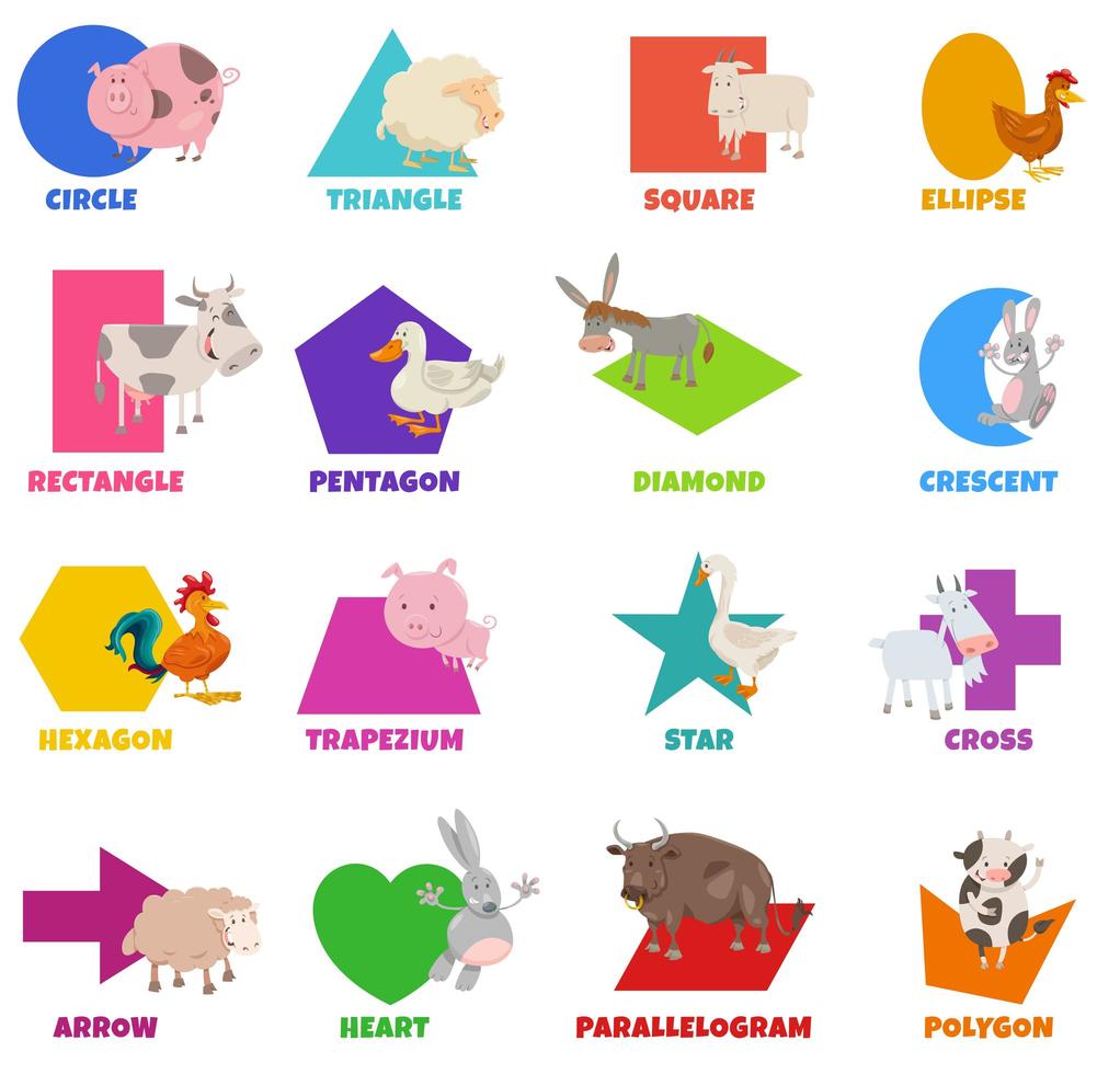 formas geométricas básicas com animais de fazenda de desenho animado definido vetor