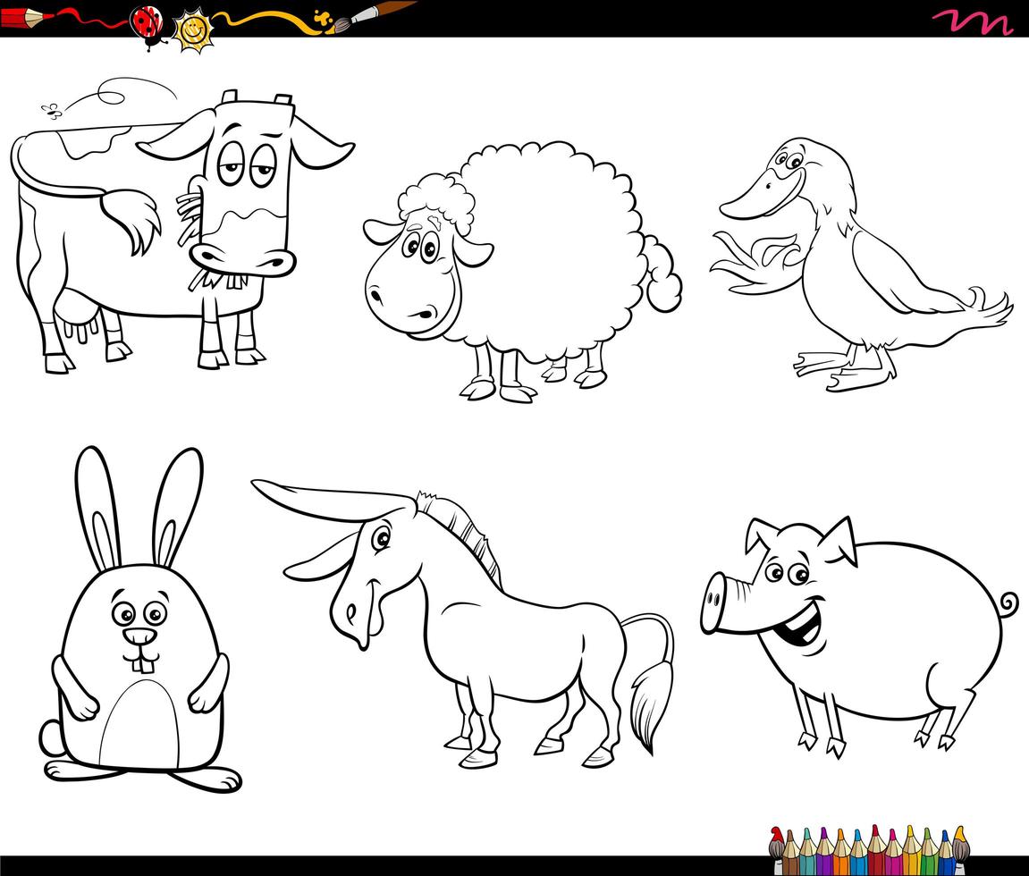 personagens de animais de fazenda em desenho animado para colorir página de livro vetor