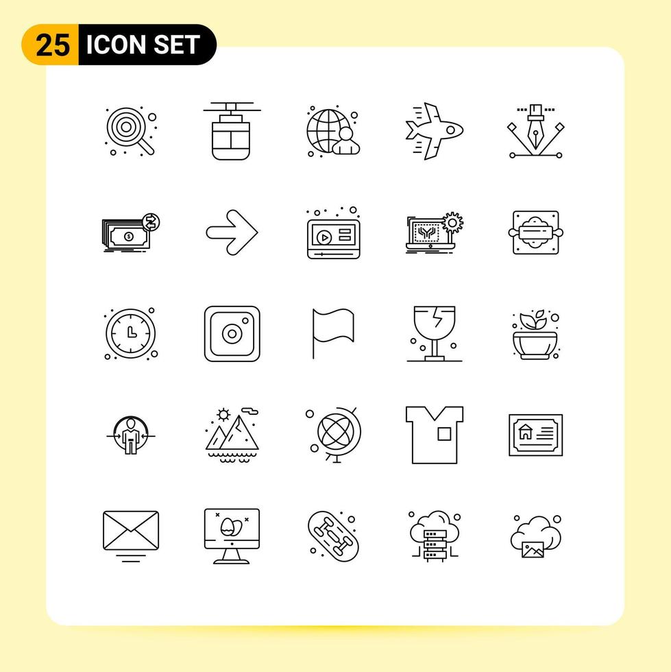 Pacote de linha de interface de usuário 25 de sinais e símbolos modernos de arte de transporte voando avião elementos de design de vetores humanos editáveis