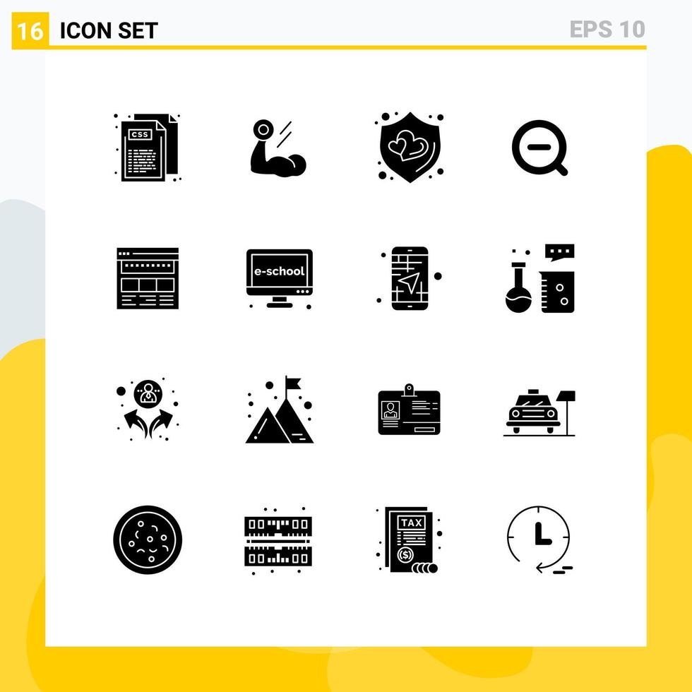 pacote de 16 glifos sólidos criativos de treino de exclusão do navegador remover elementos de design de vetores editáveis de pesquisa