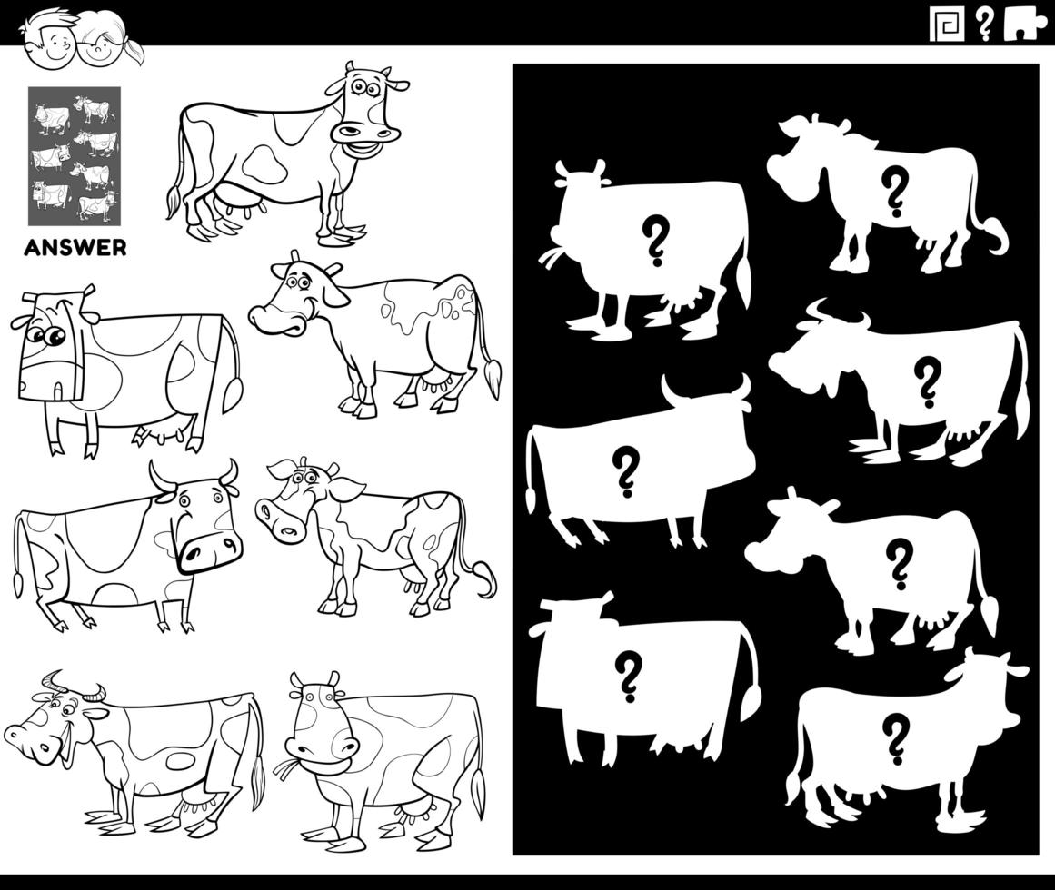 jogo de combinar formas com a página do livro de cores de vacas vetor