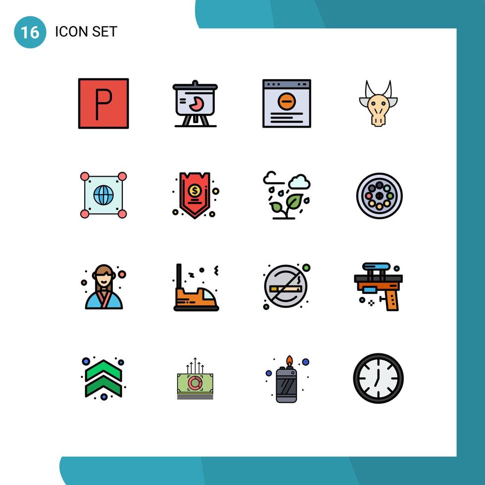 16 interface do usuário pacote de linhas preenchidas com cores planas de sinais e símbolos modernos do navegador do crânio global, animais indianos, elementos de design de vetores criativos editáveis