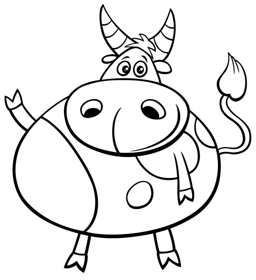 página de livro para colorir de personagem em quadrinhos de animais de fazenda de touro fofo vetor