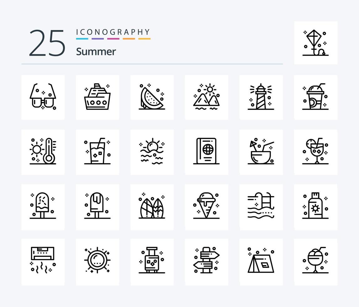 pacote de ícones de 25 linhas de verão, incluindo ao ar livre. paisagem. enviar. melancia. verão vetor