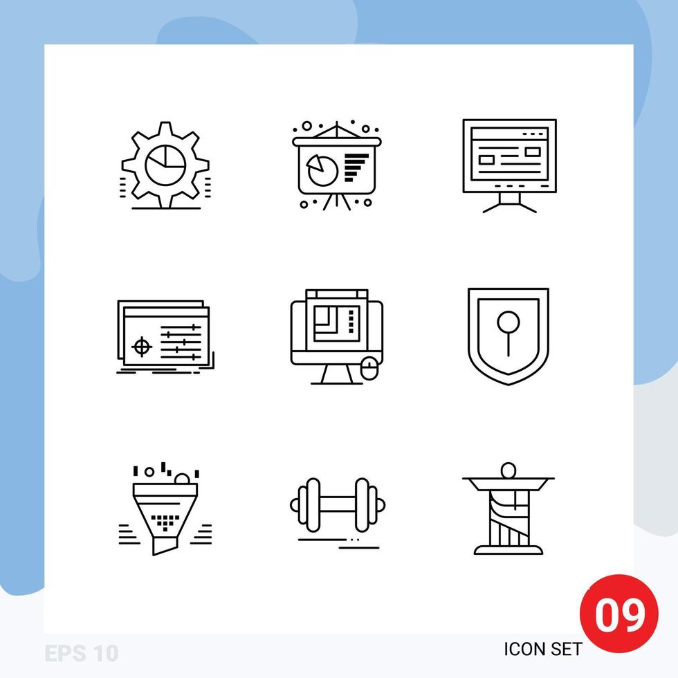 conjunto moderno de 9 contornos e símbolos, como configurações de design css, arquivo de processamento de computador, elementos de design vetorial editáveis vetor